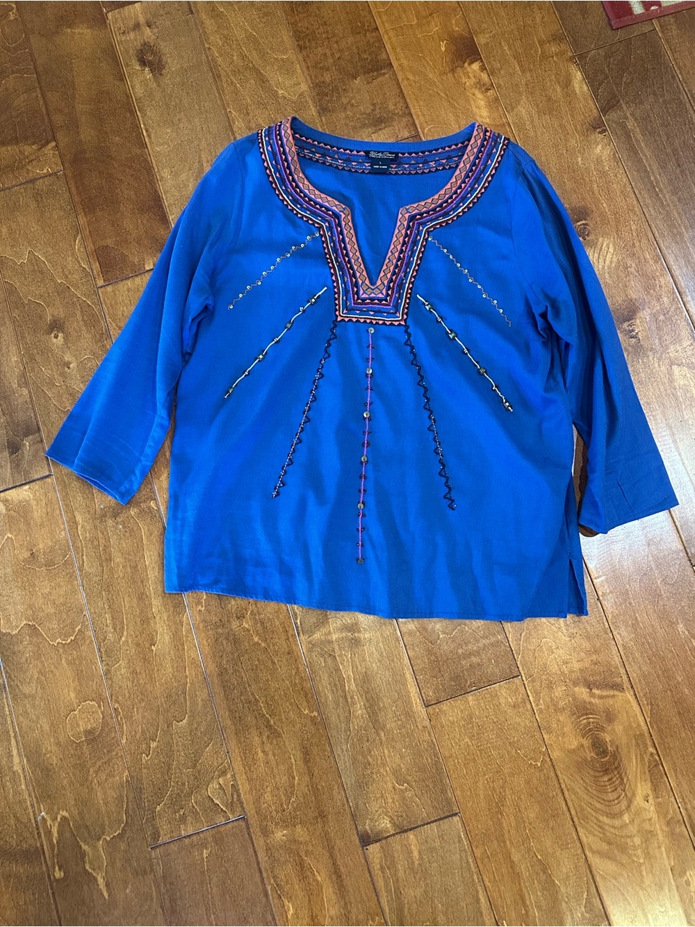 Embroidered Split-Neck Blue Women's Top